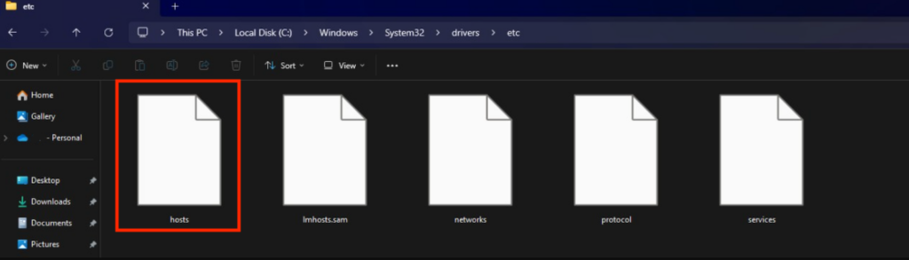 The hosts file on Windows' File Explorer