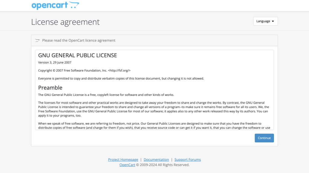 The License Agreement page in the OpenCart installation wizard