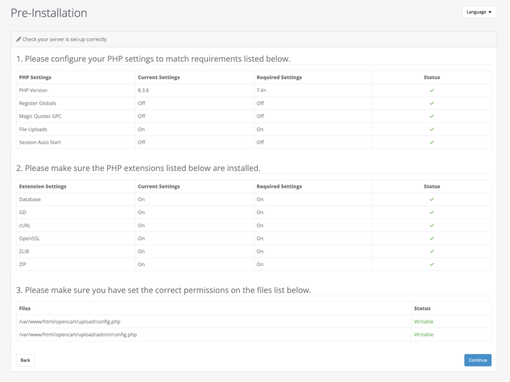 The pre-installation checklist in the OpenCart installation wizard