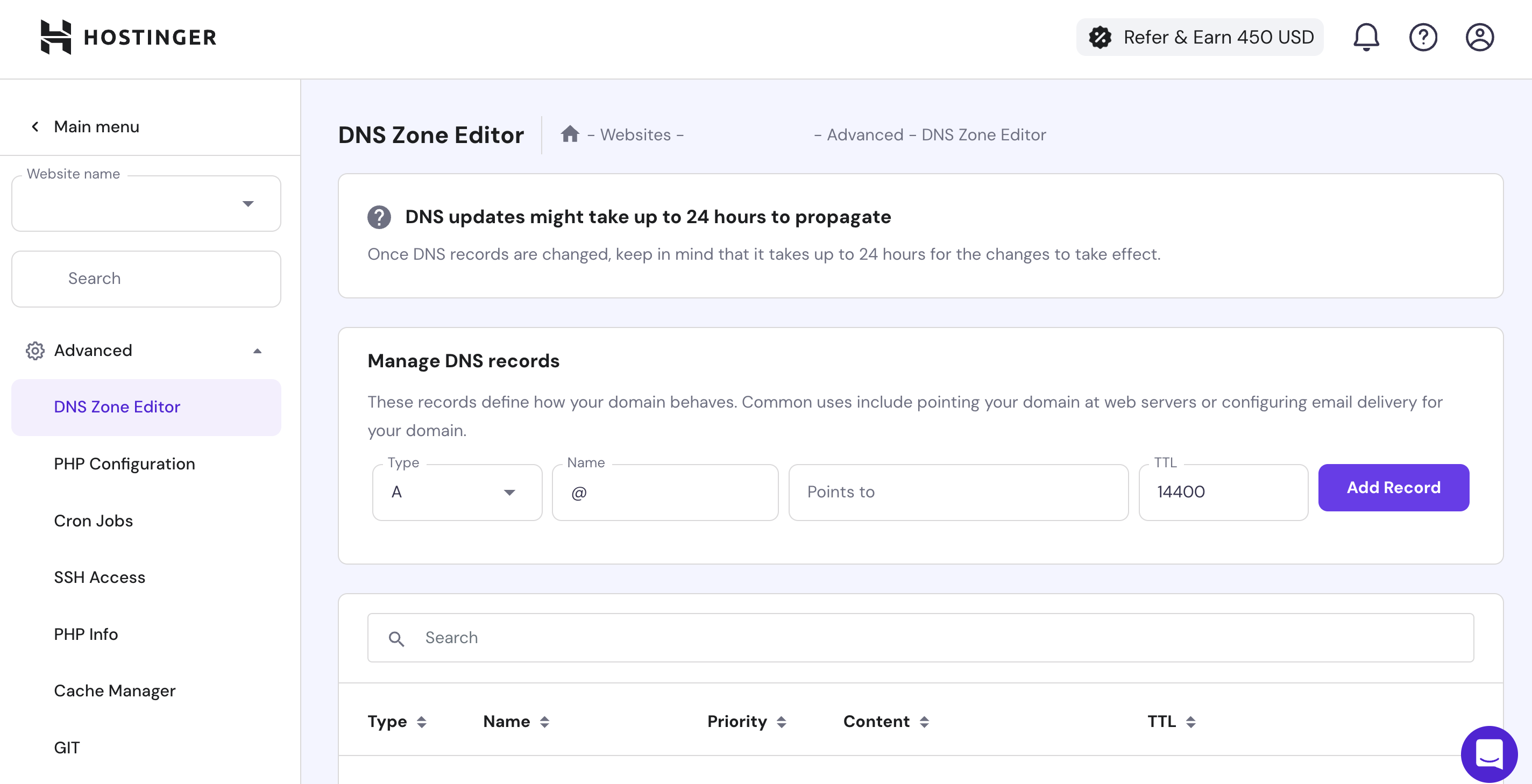 DNS Zone Editor in hPanel