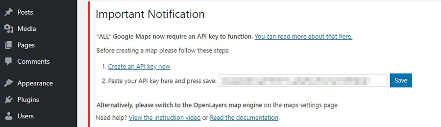 Pasting your API key into WordPress.