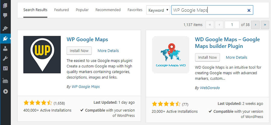 Installing the WP Google Maps plugin.