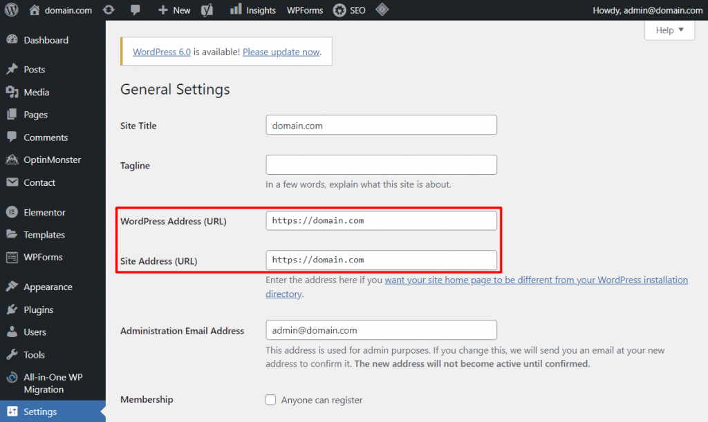 The URL address on the WordPress dashboard
