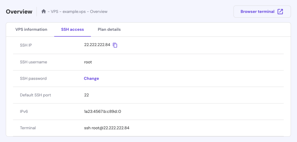 The SSH access tab in hPanel's VPS