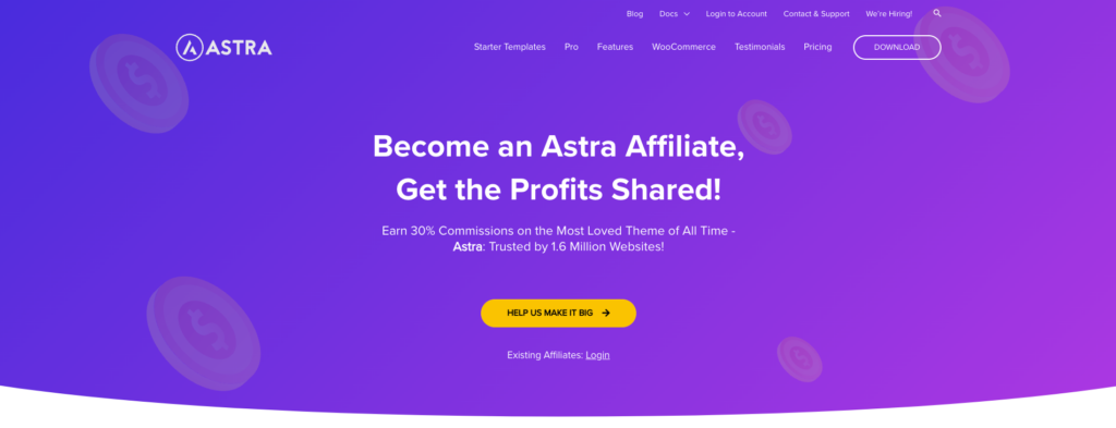 Astra Affiliate Program landing page