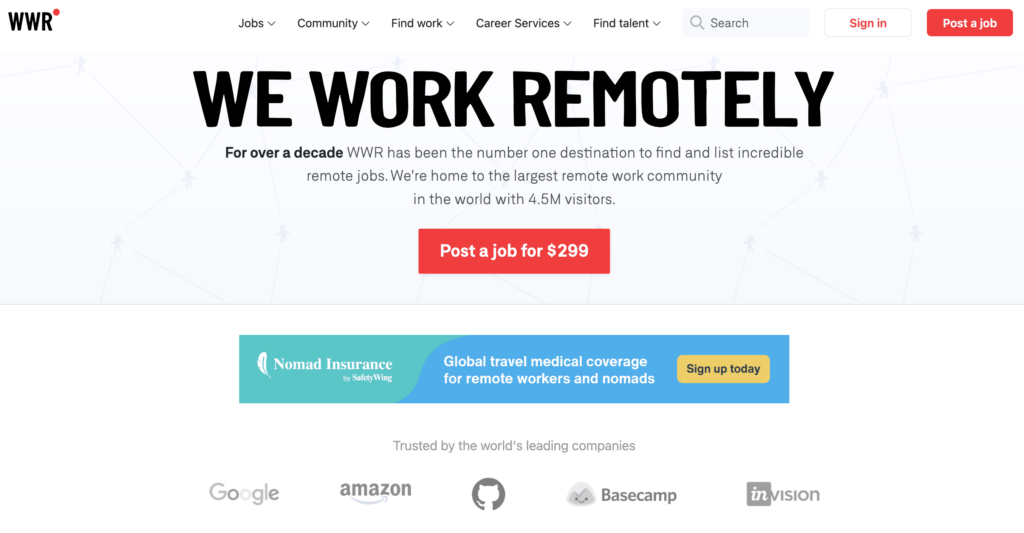 Homepage of We Work Remotely