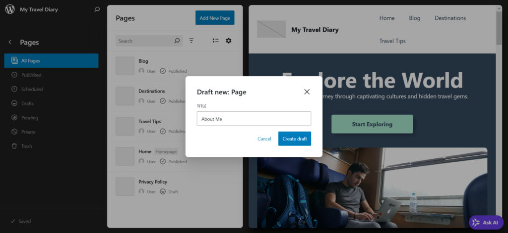 The Add New Page interface in WordPress full Site Editor