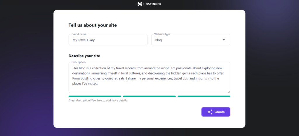 The Hostinger's AI Website Builder for WordPress prompt input page on Hostinger's onboarding setup wizard