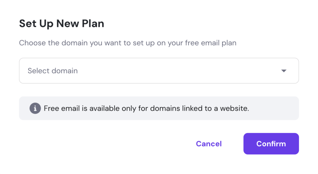 hPanel set up new free email plan select domain