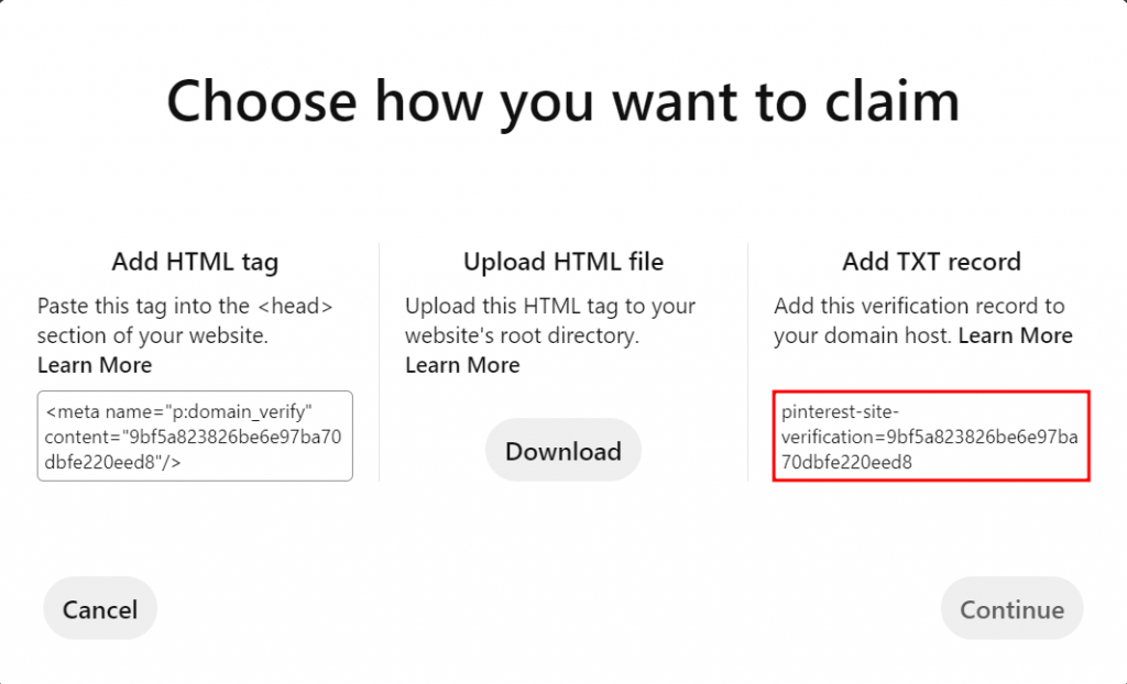 The Choose how you want to claim screen on Pinterest with the Add TXT record code highlighted
