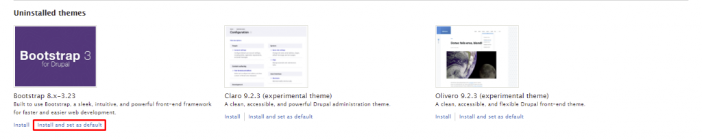 Screenshot showing where to click to install and set as default Bootstrap theme
