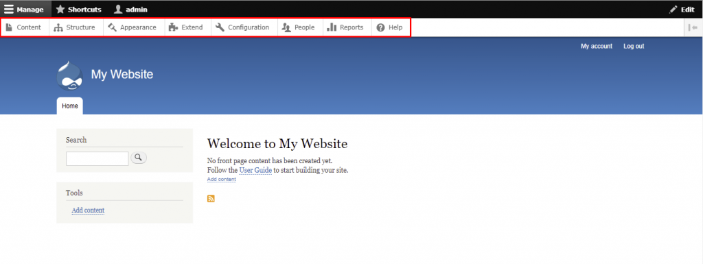 Drupal's dashboard - Welcome to My Website