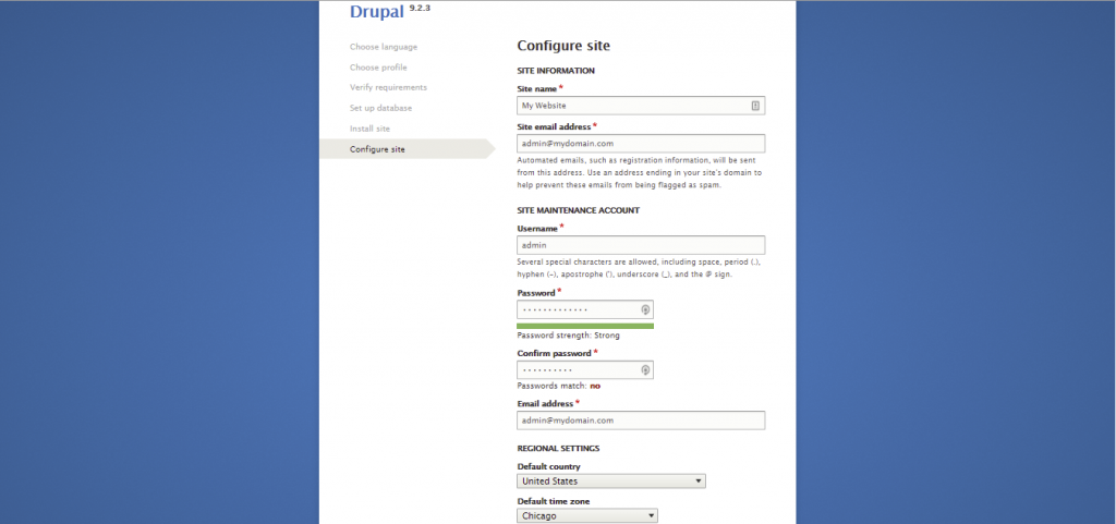 Screenshot from the Drupal installer illustrating how to fill in the configure site section