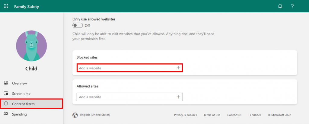 Add blocked sites to a Microsoft child account
