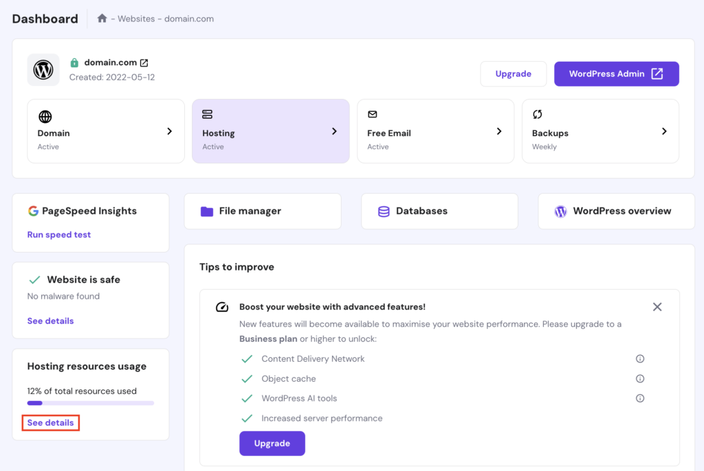 The Dashboard section in hPanel with the See details button highlighted in red
