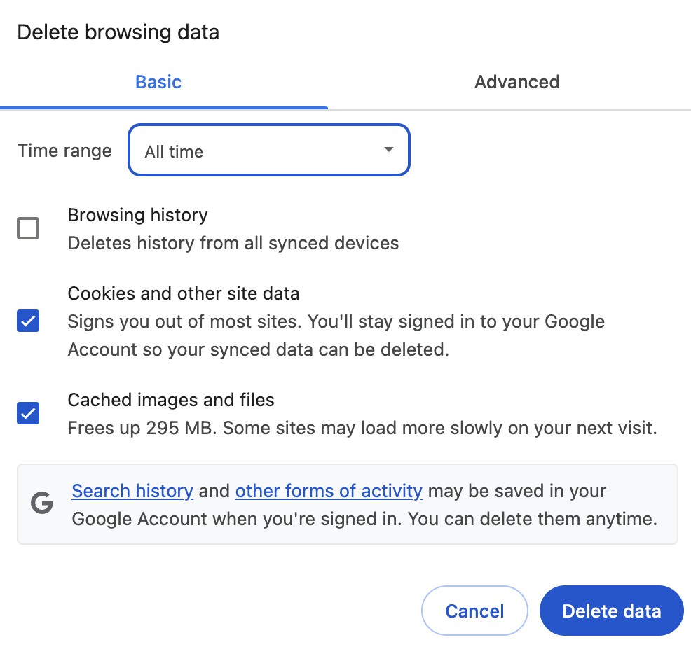 The options to delete browsing history, cache files, and cookies in Chrome
