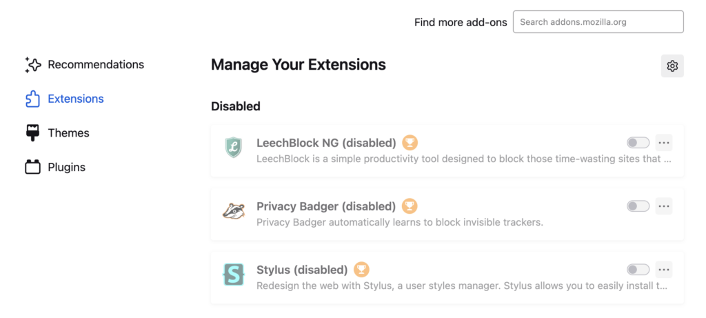 The disabled extensions in Firefox