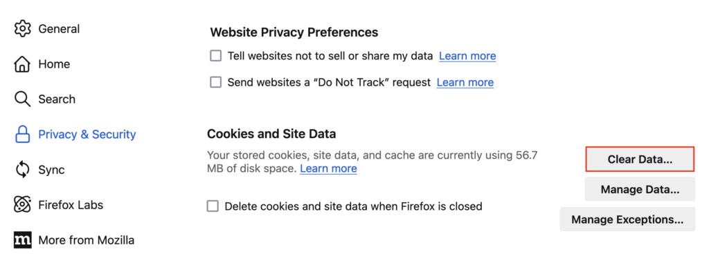 The Clear Data button in Firefox's Settings menu