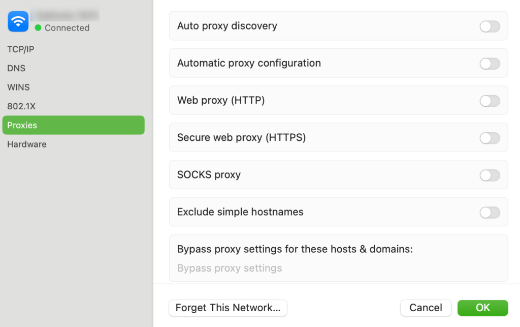 Proxy options in macOS's Proxies menu