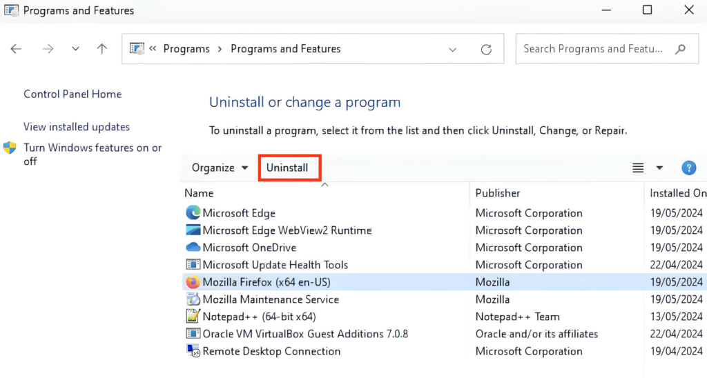 The Uninstall option in Windows' Control Panel