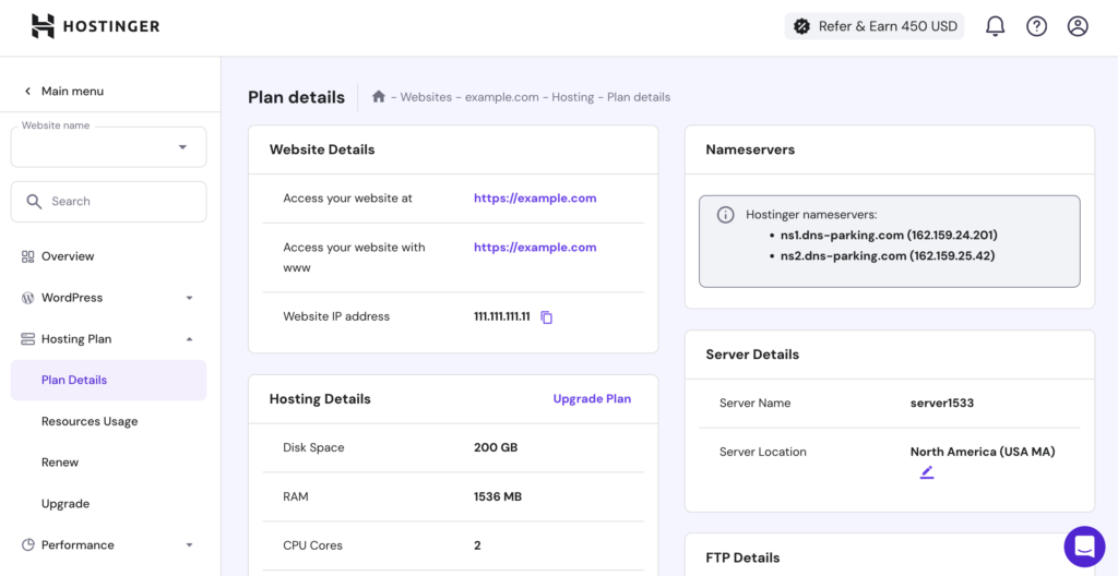 Hosting section in website settings