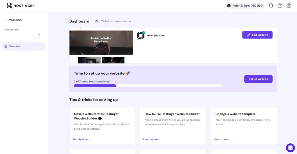 Dashboard for a Hostinger Website Builder site