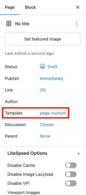 Page attribute section in WordPress editor, highlighting the template field