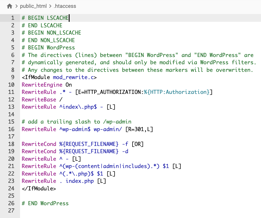 The content of .htaccess file with the code snippet to enable the Multisite network