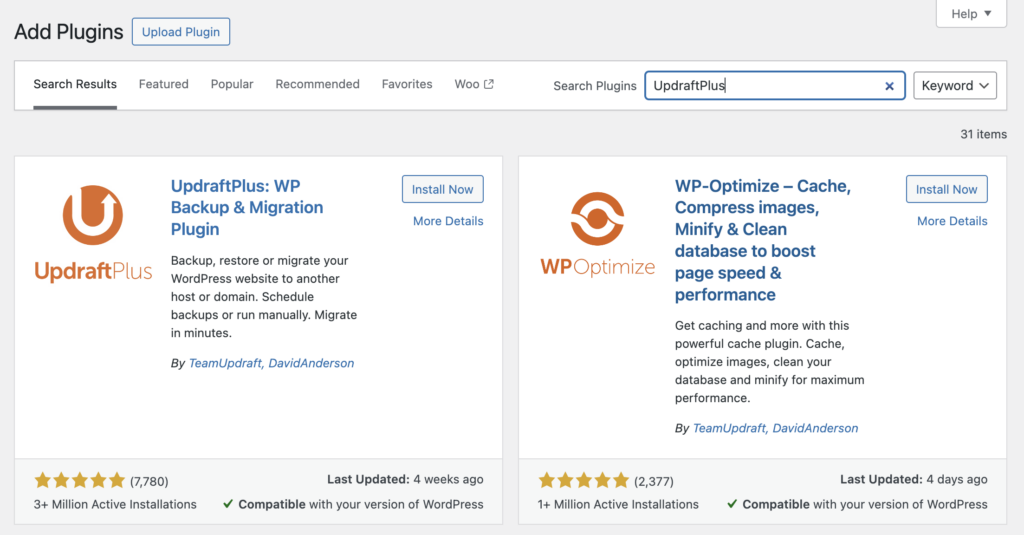 The UpdraftPlus plugin search results in the WordPress official repository.