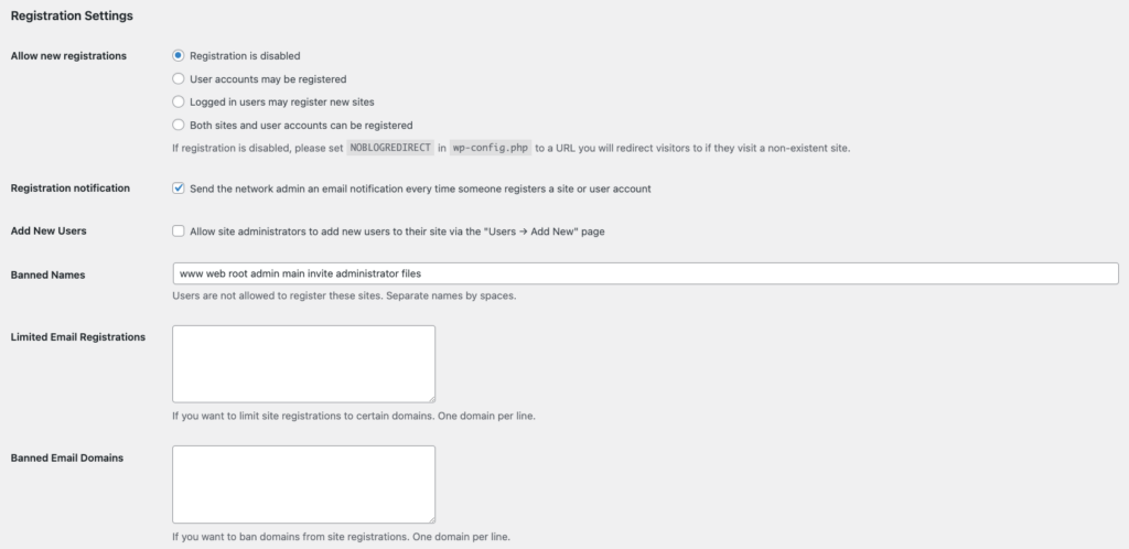 WordPress Network Settings, focusing on Registration Settings