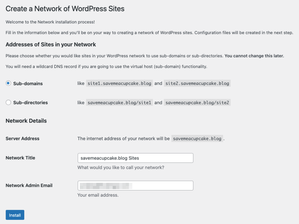 WordPress Network Setup page