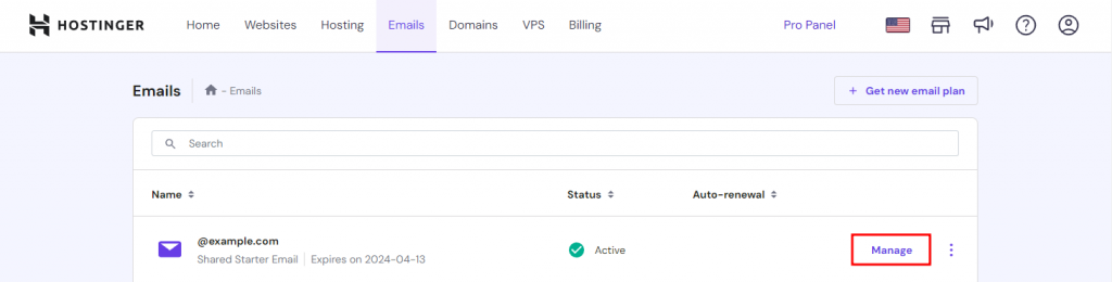 hPanel's Email tab with Manage highlighted
