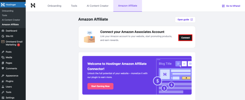 Hostinger menu in WordPress highlighting the button to connect to a Amazon Associates account