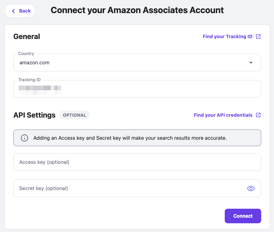 The form to connect Amazon Associates account in WordPress with Hostinger