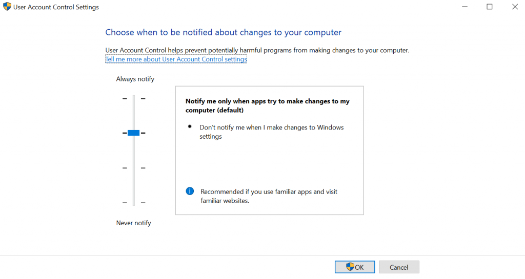 The User Account Control Settings window