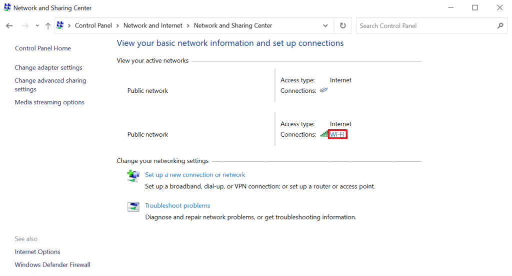 Active network name connected to the internet