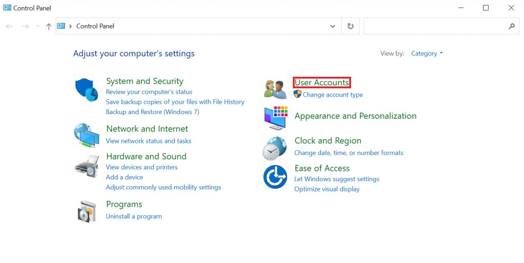 The Users Accounts settings in the Control Panel