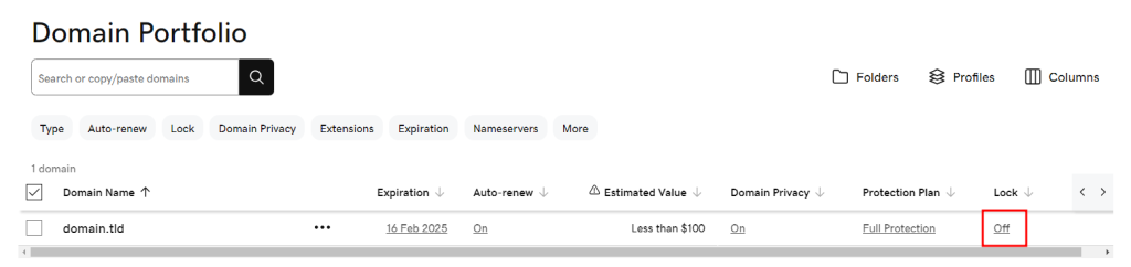 GoDaddy Domain Portfolio showing the domain with the domain lock turned off