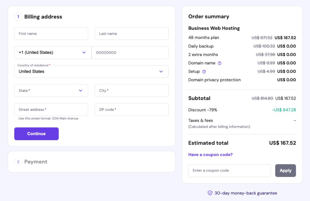 Enter billing address on Hostinger checkout page