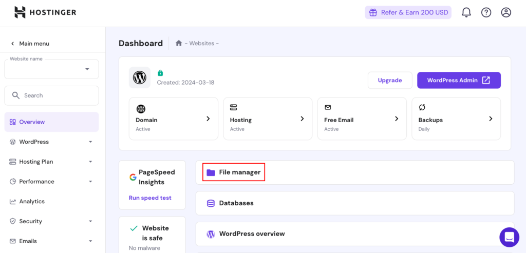 File Manager location in hPanel