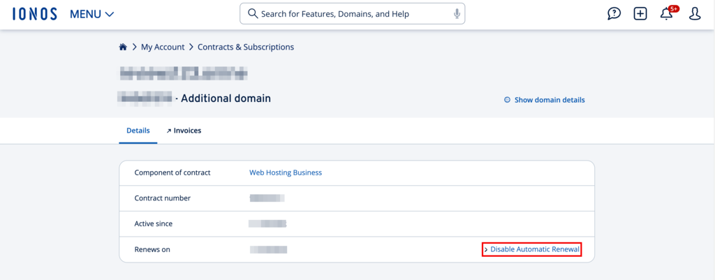 Domain auto-renewal cancellation option in the Ionos dashboard