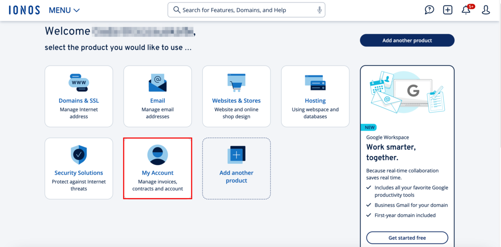 The My Account option highlighted on the Ionos dashboard