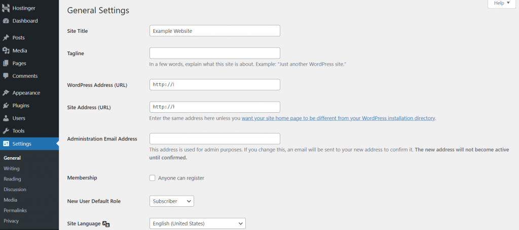 The WordPress general settings page on the dashboard.