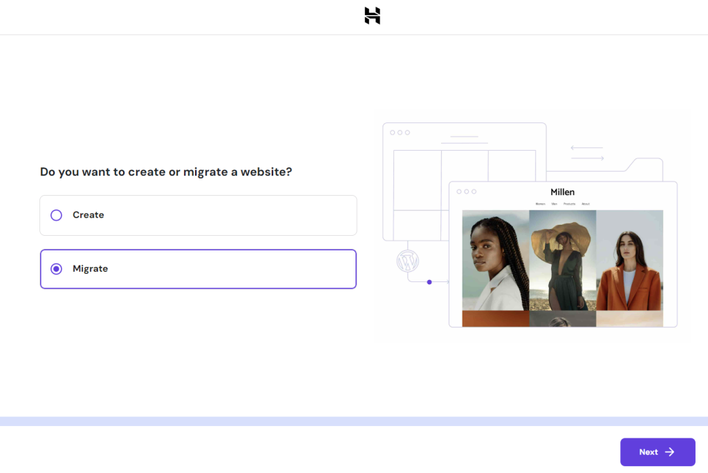 The onboarding process in Hostinger's hPanel showing options to create or migrate a website