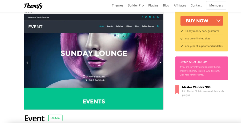 Themify Event theme landing page