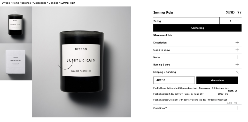 Byredo store's shipping cost on product pages