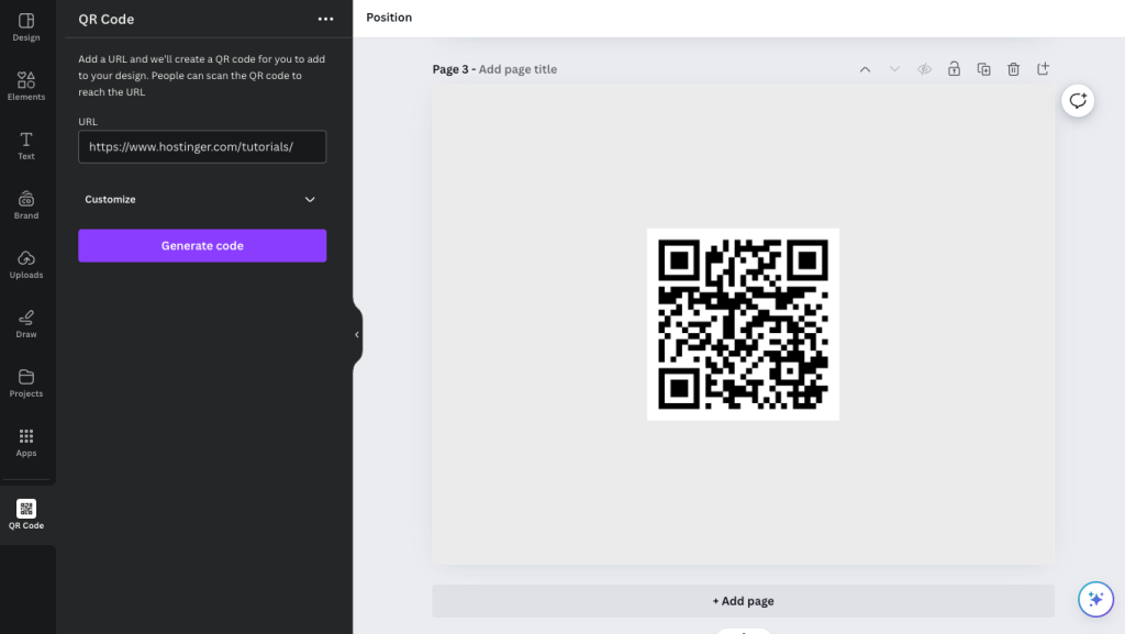 Canva generate QR code interface