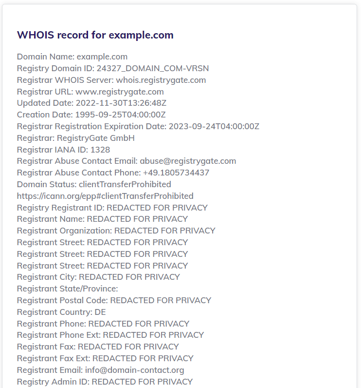 An example of a WHOIS record in Hostinger's domain lookup tool