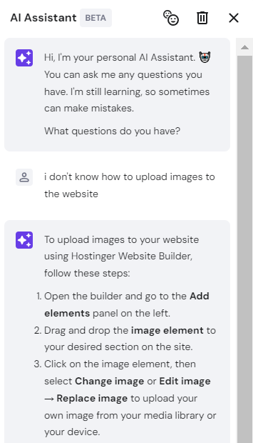 The AI Assistant pop-up window on Hostinger Website Builder