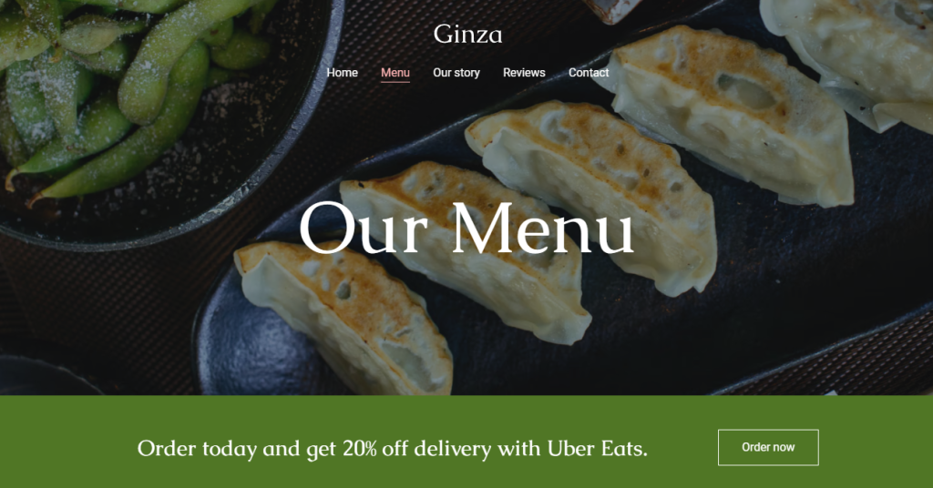 The Uber Eats banner on Ginza's Menu page